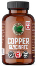Load image into Gallery viewer, Brown supplement bottle labeled &#39;Copper Glycinate&#39; with a black lid on a white background