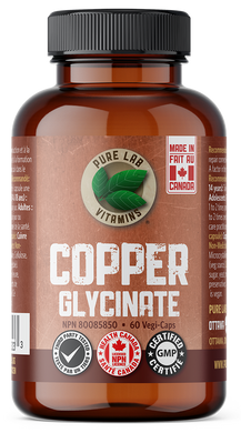 Brown supplement bottle labeled 'Copper Glycinate' with a black lid on a white background