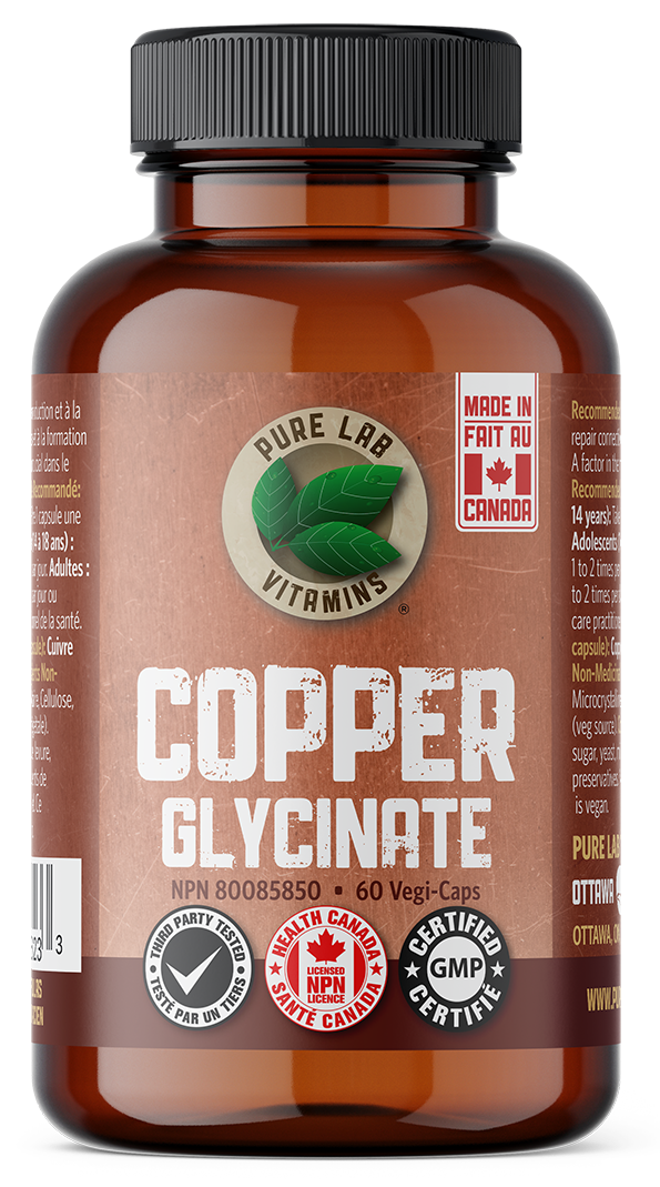 Brown supplement bottle labeled 'Copper Glycinate' with a black lid on a white background