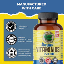 Load image into Gallery viewer, PURE LAB VITAMINS Vegan Vitamin D3 2500 IU (Dry, Crystalline, Pine Source) 120 V-Caps