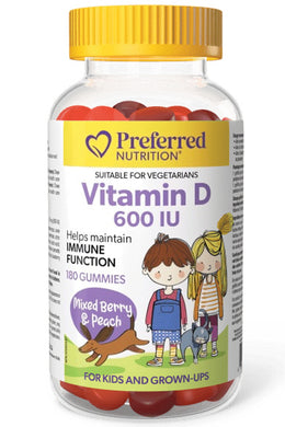 PREFERRED NUTRITION Vitamin D Gummies For Kids (600 IU - Mixed Berry & Peach - 180 gummies)